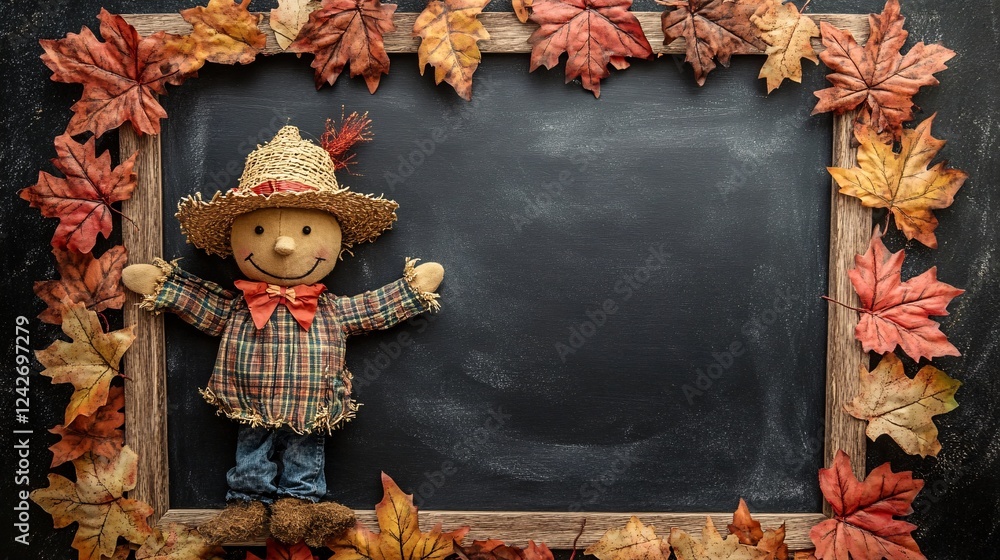 Poster scarecrow with a smile standing next to a blackboard with autumn leaves, providing room for your fal