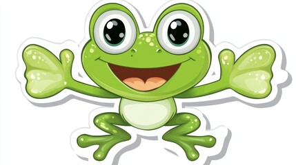 Obraz premium Happy cartoon frog sticker, arms outstretched, against white background, perfect for children's products
