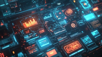 Obraz premium Futuristic digital interface with glowing graphs, charts, and data streams.