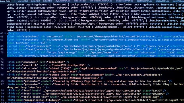 Developer is Browsing HTML Code on the Computer Screen. Front view. HTML Web Page Code Scrolling Programming, Abstract Technology Background for Software Developer, Computer Script Concept. Scene B.