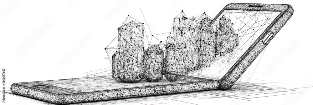 Poster abstract sketch of data cubes emerging from a smartphone screen.