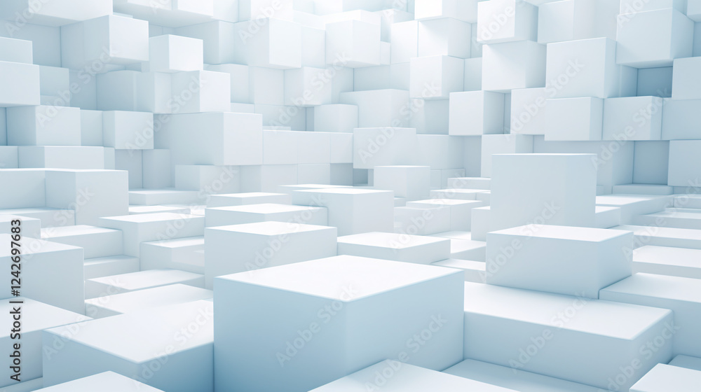 Poster a studio background with many white cubes, realistic 3d design, ideal for a website banner.