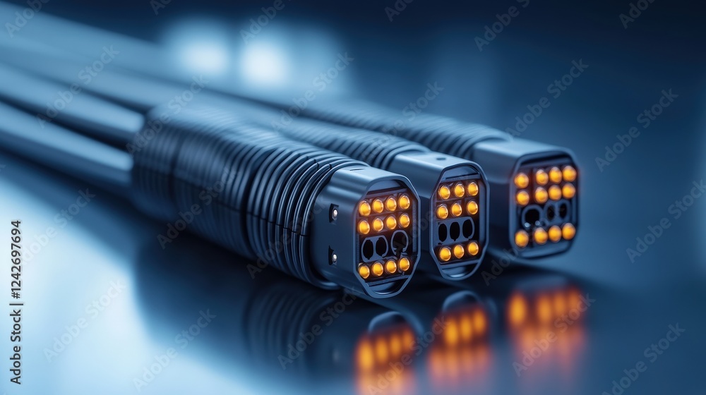 Poster close-up of three high-tech connectors with illuminated pins on a glossy surface, showcasing advance