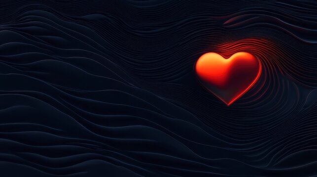 A minimalist abstract piece featuring a single glowing red heart surrounded by rippling golden waves on a dark background