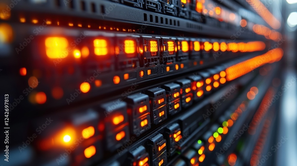 Aufkleber close-up view of illuminated server racks in a data center, showcasing technology and connectivity (