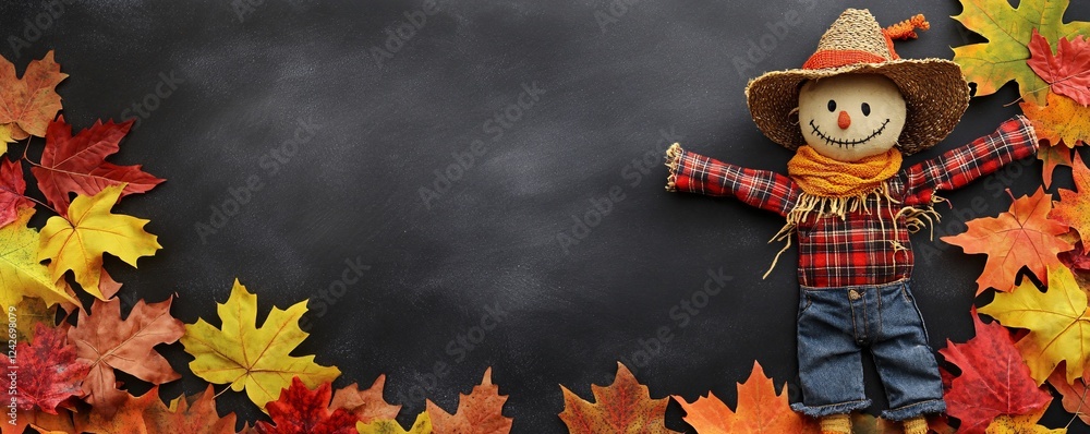 Aufkleber happy scarecrow rests on a chalkboard, encompassed by a vibrant array of autumn foliage, setting a l