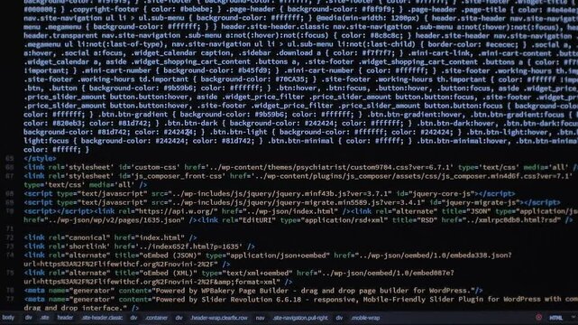 Developer is Browsing HTML Code on the Computer Screen. Front view. HTML Web Page Code Scrolling Programming, Abstract Technology Background for Software Developer, Computer Script Concept. Scene O.