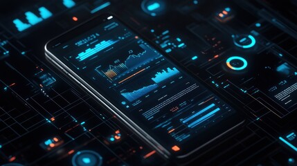 Obraz premium Smartphone displaying financial data and graphs on a digital interface.