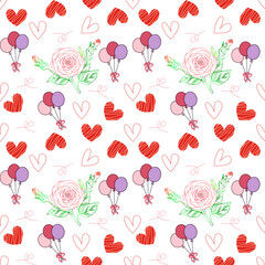 Seamless pattern of hearts and flowers in pink and red for Valentine's Day decoration and wallpaper