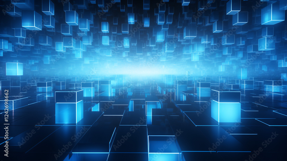 Poster A technical background featuring many cubes arranged on the right, perfect for technology displays and presentations.

