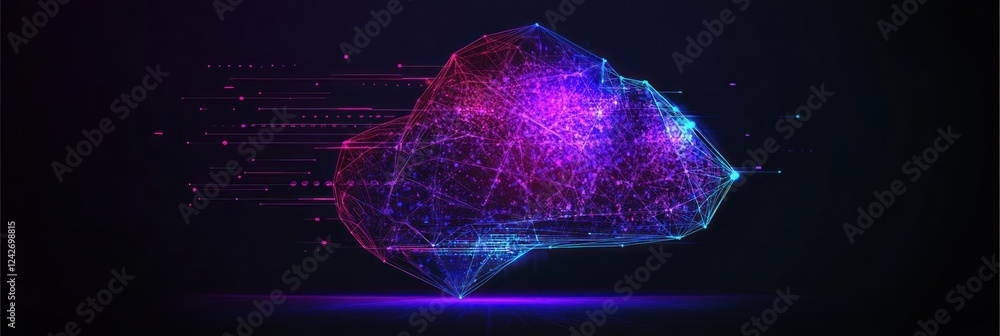 Poster abstract polygonal shape with glowing lines and nodes, resembling a brain.