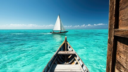 Obraz premium A serene view of a sailboat gliding through crystal-clear turquoise waters.