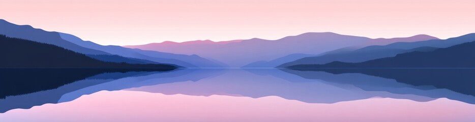 Serene mountain lake reflection at dawn.
