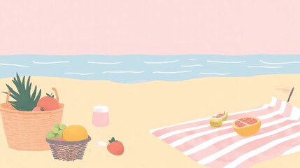 Beach picnic scene with fruits, vegetables, and drinks on a pink and white striped blanket.