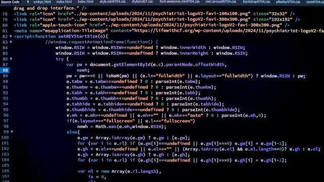 Developer is Browsing HTML Code on the Computer Screen. Front view. HTML Web Page Code Scrolling Programming, Abstract Technology Background for Software Developer, Computer Script Concept. Scene C.