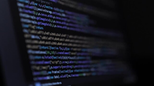 Developer is Browsing HTML Code on the Computer Screen. Side view. HTML Web Page Code Scrolling Programming, Abstract Technology Background for Software Developer, Computer Script Concept. Scene F.