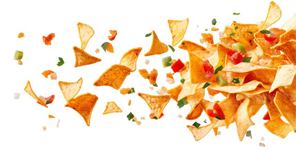 Flying Mexican nachos chips isolated on transparent white background, clipping path