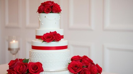 A stunning three tier cake embellished with red and white roses, ideal for weddings and celebrations, confectionery, wedding cake, white