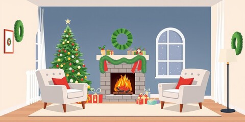Cozy living room with armchairs, pine tree, and fireplace decorated for Christmas and New Year celebration, pine tree, decoration, fireplace