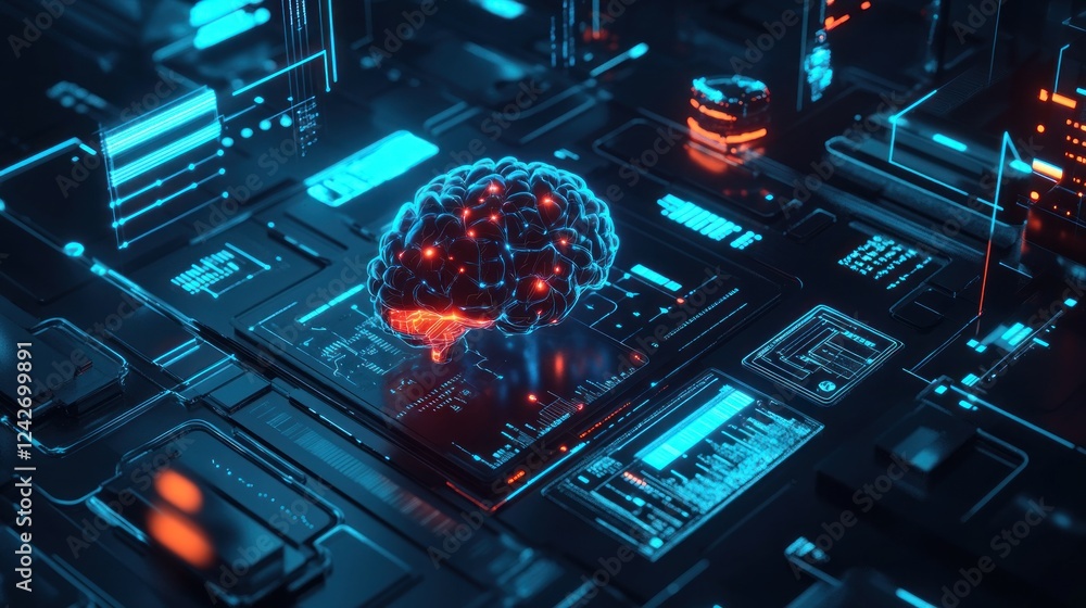 Poster 3d rendering of a human brain on a futuristic technological circuit board, glowing with red and blue