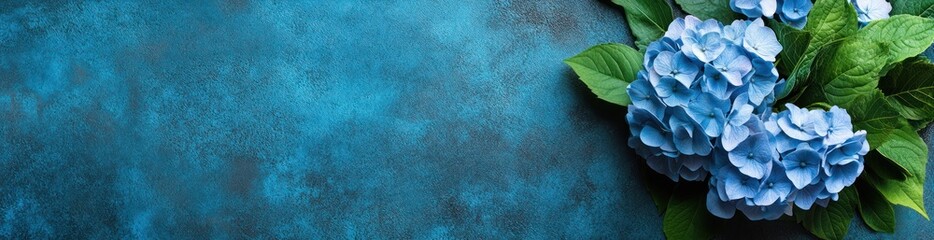 Blue hydrangeas on a teal background.