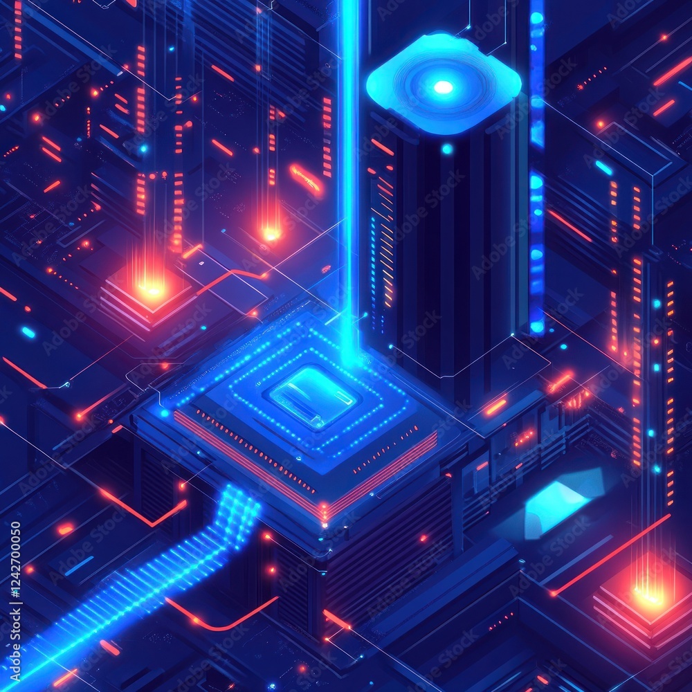 Poster abstract digital network in a futuristic cyber structure glowing with blue and red lines for technol
