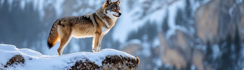 Fototapeta premium Majestic wolf perched on a snowy cliff, embodying the spirit of the wild in a serene winter landscape.