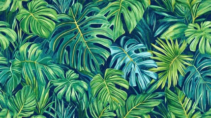 Lush tropical foliage pattern with vibrant green and teal monstera leaves and other plants on a dark background.