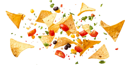 Flying Mexican nachos chips isolated on transparent white background, clipping path
