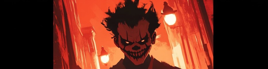 Evil clown in a red-lit city street at night.