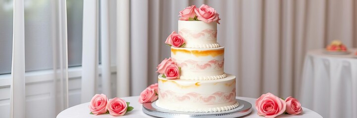 Three tier cake with white cream and rose flowers watercolor illustrations on a white background, three tier, cake, printing