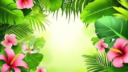 Fototapeta premium Lush tropical foliage and hibiscus flowers frame a bright background.