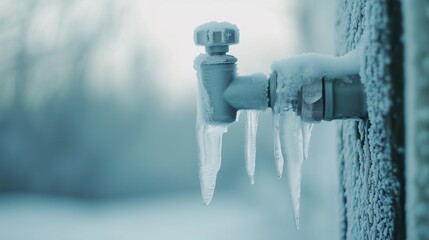 frozen water pipe and an ice covered faucet in winter.