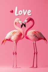 Fototapeta premium Two Flamingos Forming a Heart Shape Against a Pink Background with 'Love' Text