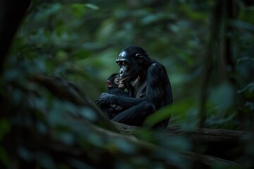 Fototapeta premium Bonobo mother tenderly cradles her infant amidst lush rainforest foliage.