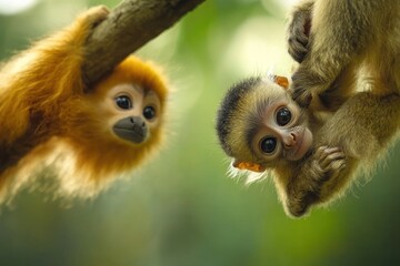 Fototapeta premium Two adorable golden lion tamarins hanging from a tree branch in a lush green forest.