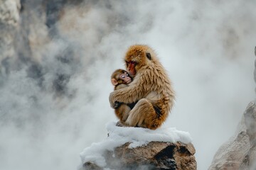 A snow monkey mother tenderly cradles her baby on a snowy rock near a steaming hot spring.