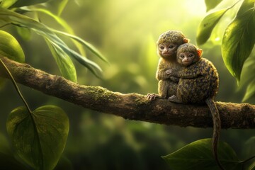 Fototapeta premium Two adorable marmosets cuddling on a mossy branch in a lush green forest.