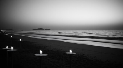 "Beach at Twilight with Candles Illuminating Sand &ndash; Black and White Moody Seascape Photography"

