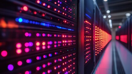 Close-up view of illuminated server racks in a data center with vibrant LED lights (1)