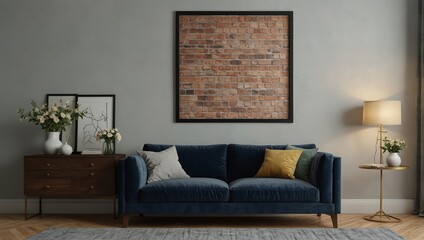 Stylish Lounge Space with Framed Poster, Mirror, and Floral Accents

