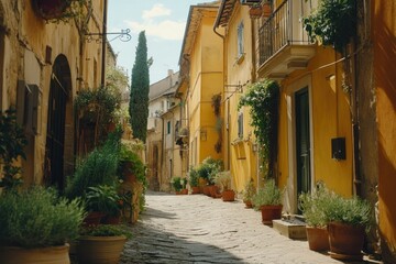 Obraz premium Sunlit cobblestone alleyway in historic European town, lined with yellow buildings, potted plants, and trees.