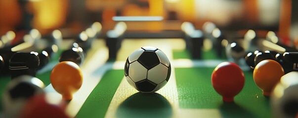 Soccer table football game awaits a new match on the green field