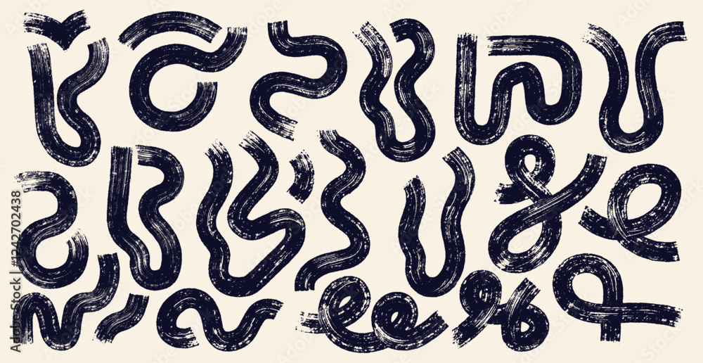 Poster set of vector squiggles, brush stroke doodles wavy lines. drawn creative spirals and swirls for grap