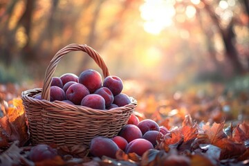 A wicker basket brimming with ripe plums sits amidst the colorful foliage of an autumnal forest.