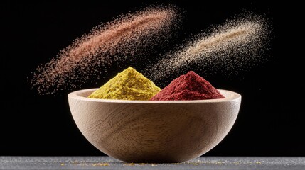 A wooden bowl filled with vibrant spices, showcasing the beauty of culinary ingredients.