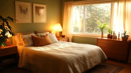 Fototapeta premium Cozy Eco-Friendly Bedroom with Organic Elements and Natural Light for Relaxation
