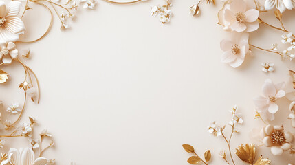 Art deco gold wedding border mockup with flowers on beige background