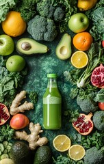 Green juice bottle surrounded by fruits & vegetables on dark background, healthy recipe