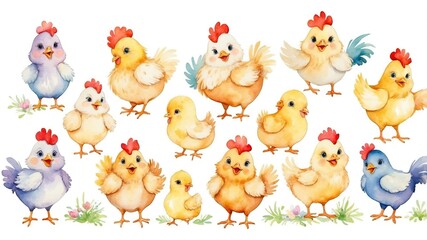 Naklejka premium Colorful collection of cartoon chicks in various poses on a white background